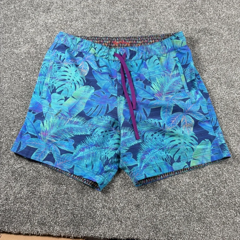 Robert Graham Swim Trunks XL Blue Tropical Leaf Print Classic Fit Board Shorts